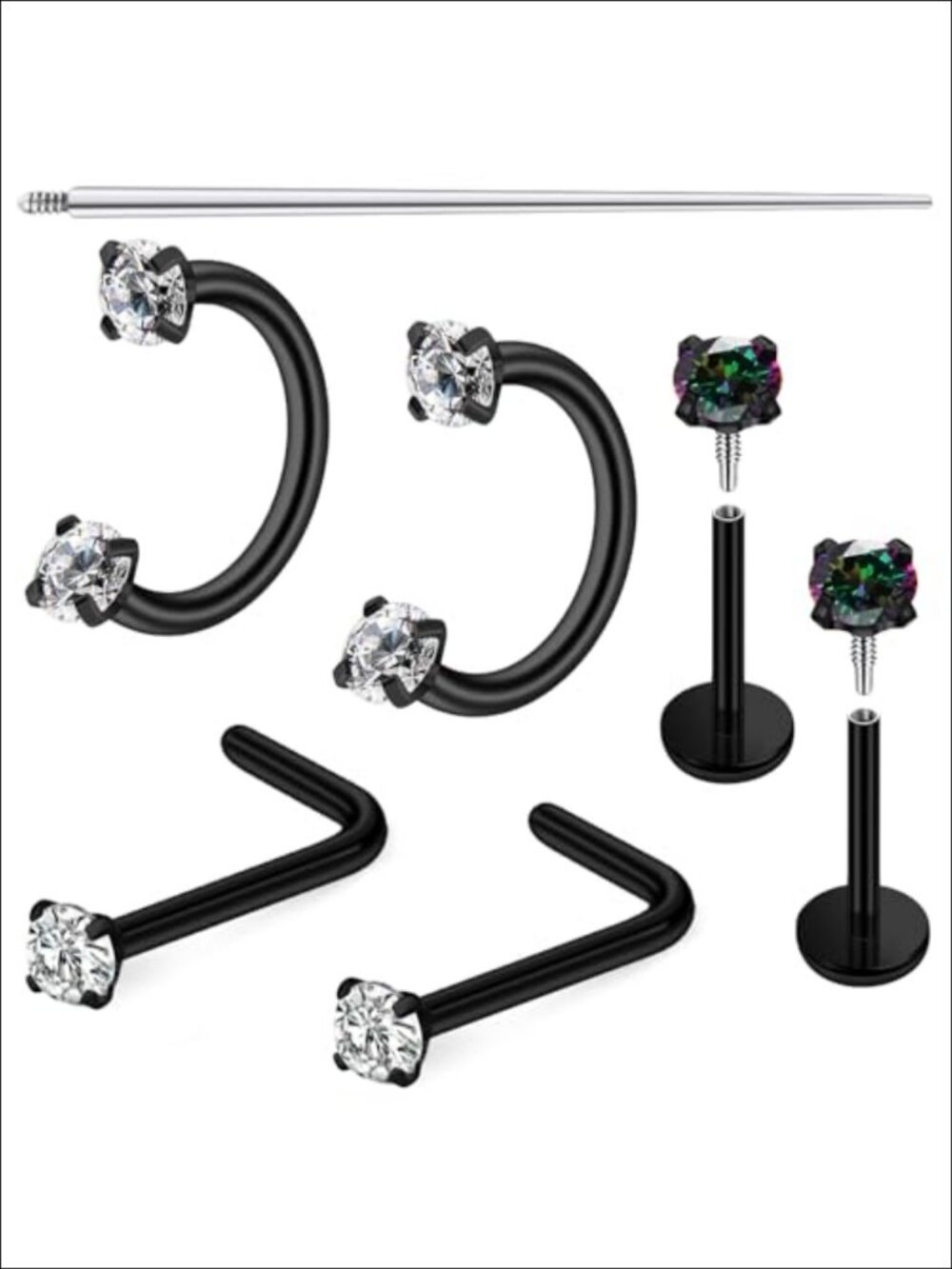18G Surgical Steel Horseshoe Nose Ring Set CZ Piercing Jewelry